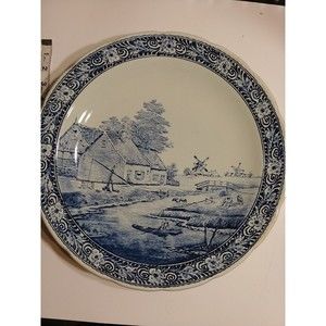 Boch Delfts Pottery Hanging WALL Plate Charger 15" LARGE WINDMILL FARM Signed